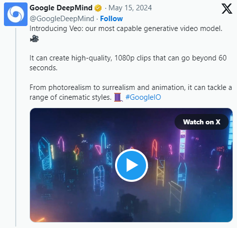 ​谷歌推全新AI视频生成模型Veo，可创建高质量60秒、1080p视频